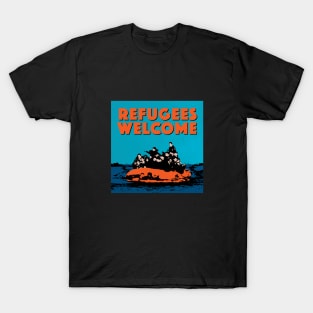 REFUGEES WELCOME - COLOURFUL ILLUSTRATION SHOWING REFUGEES ON A SMALL BOAT T-Shirt